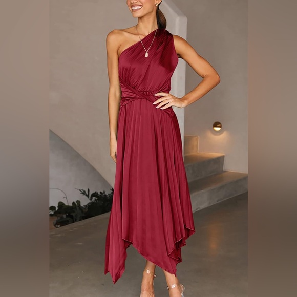PRETTYGARDEN Long Satin Dress One Shoulder Sleeveless Ruched Twist Flowy Maxi - Picture 4 of 14